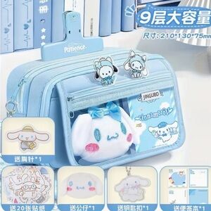 Cinnamoroll Blue Canvas Pencil Case with Plush Charm & Stickers